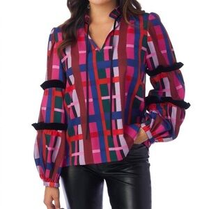 LN Crosby by Molllie Burch Rhodes Plaid Print Velvet Trim Tie Neck Blouse - S